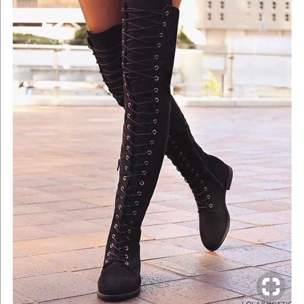 ❗️RESTOCK ❗️Black suede lace up thigh high boots - Picture 2 of 5